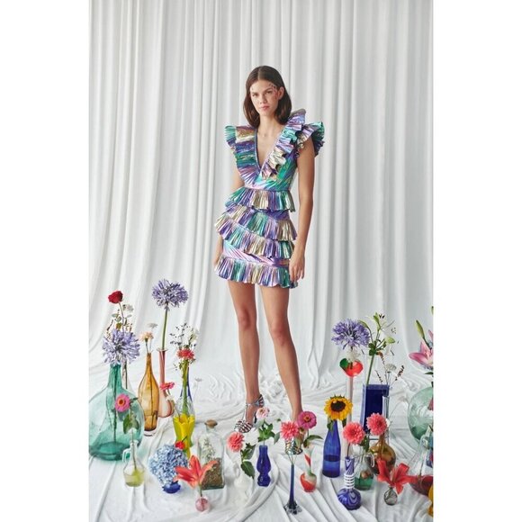 Celia B Acke Metalic Pleated Mini Dress Multi Womens Size Large - Picture 2 of 16